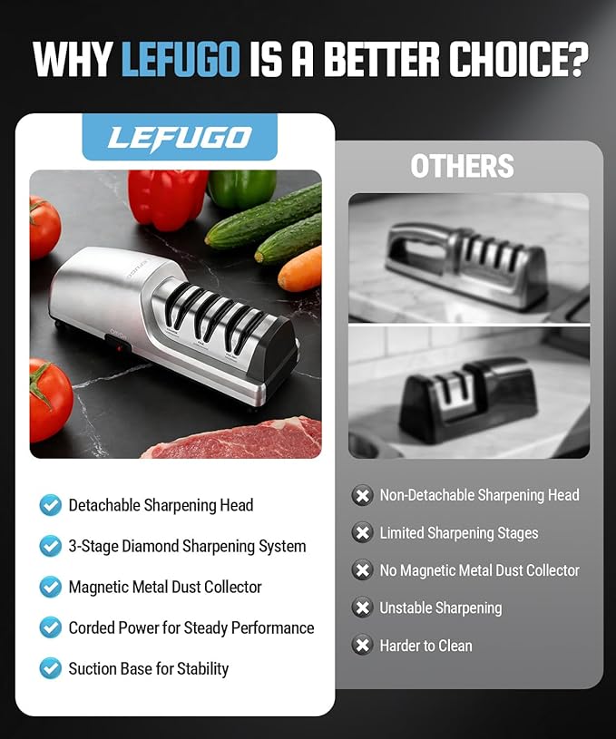 Electric Knife Sharpener for Kitchen Knives, Detachable Sharpening Head, 3-Stage Knife Sharpener Electric, 100% Diamond Abrasive, 15-Degree Precision Angle, Fast Sharpening, Polish (Silver)