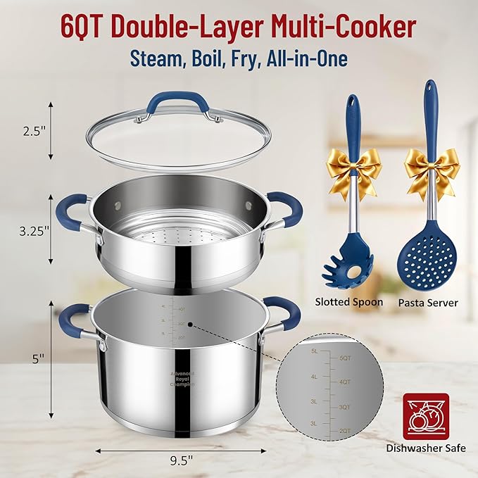 ARC 6QT Stainless Steel Stock Pot w/Steamer Basket, Multi-steamer Pot With Tempered Glass Lid for Cooking, Multipurpose Cookware with Silicone Handle for Veggies, Soup, Seafood, Induction-Ready