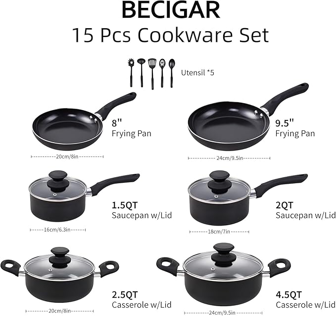BECIGAR Black Ceramic Pots and Pans Set, 15PCS Nonstick Set Ceramic Cookware Set, Nonstick Pan Pots and Pans Set Non Stick Cookware set