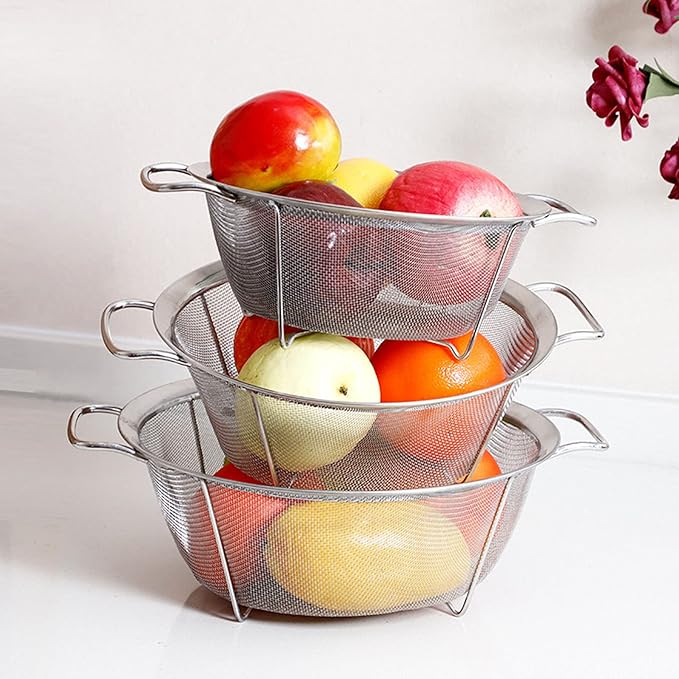 AJIODA Stainless Steel Mesh Colander Strainer Basket, 3 Quart Fine Mesh Net Colander with Heavy Duty Handles & Wide Rim & Resting Feet for Strain, Drain, Rinse, Fry, Steam or Cook Vegetables & Pasta