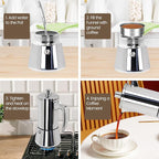 4 Cup Thickened Moka Pot 304 Stainless Steel 200ml Italian Espresso Coffee Maker Stovetop CoffeeMakers Mocha Pot Percolator for Induction Stove Classic Cafe Makers Portable for Easy Brewing