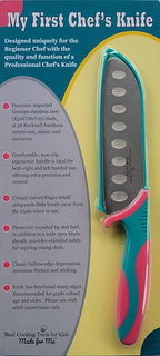 My First Chef's Knife for Kids - NEW! CARNATION/TEAL - w/Protective Safety Sheath - German Stainless Steel - Curved Finger Shield/Childrens Cooking Baking