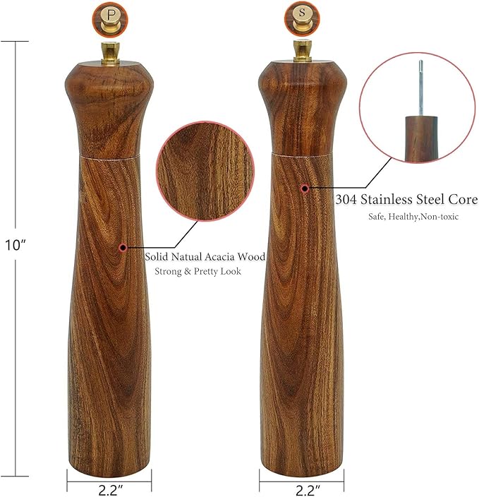 Wooden Pepper Grinder Pepper Mill with Adjustable Coarseness Pepper Grinder Refillable Salt Pepper Grinder Shaker Tableware Gifts Acacia Wood Salt Mill 10 Inch