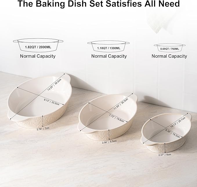 Dafuceramic Casserole Dishes for Oven Sets of 3, Ceramic Oval Baking Dish, Au Gratin Baking Pans with Handles for Roasting, Lasagna, Pie, Baking Meat & Vegetables (Beige White)