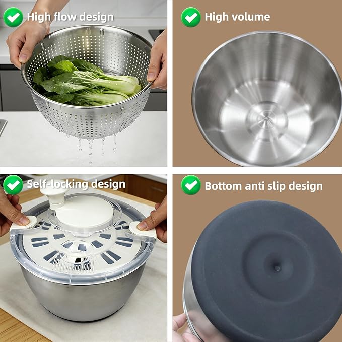 6L Stainless Steel Salad Spinner with Bonus Tong – Large Vegetable Spinner, Fruit Washer & Lettuce Dryer, Dishwasher‑Safe Stainless Salad Spinner with Strainer Bowl for Greens, Pasta & Small Fruits