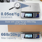 Atogou 66lb Food Scale, Commercial Kitchen Scale with Price Computing, Plug-in Usable, 0.05oz/1g, 304 Stainless Steel, for Cooking, Vegetables, Farm, Industry, Counting. LC300 Silver