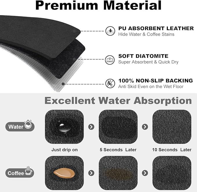 Findosom Dish Drying Mat, 16"x 24" Super Absorbent & Hide Stain Coffee Mat, Cuttable Drying Mat for Kitchen Counter, Coffee Bar Accessories, Under Dish Rack, Coffee Maker, Espresso Machine, Black-2