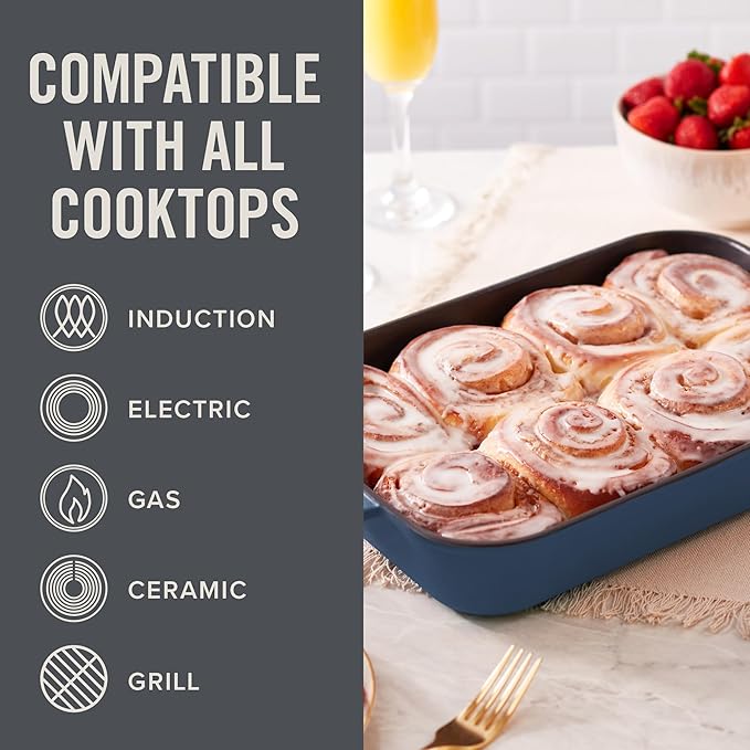 Zakarian x Dash Nonstick Cast Iron Baker - Oven-Safe Baking Pan for Pasta, Casseroles, Crumbles, and More - Easy-Release, Rust-Resistant, and Even Heat Distribution - Blue, 9-inch x 13-inch