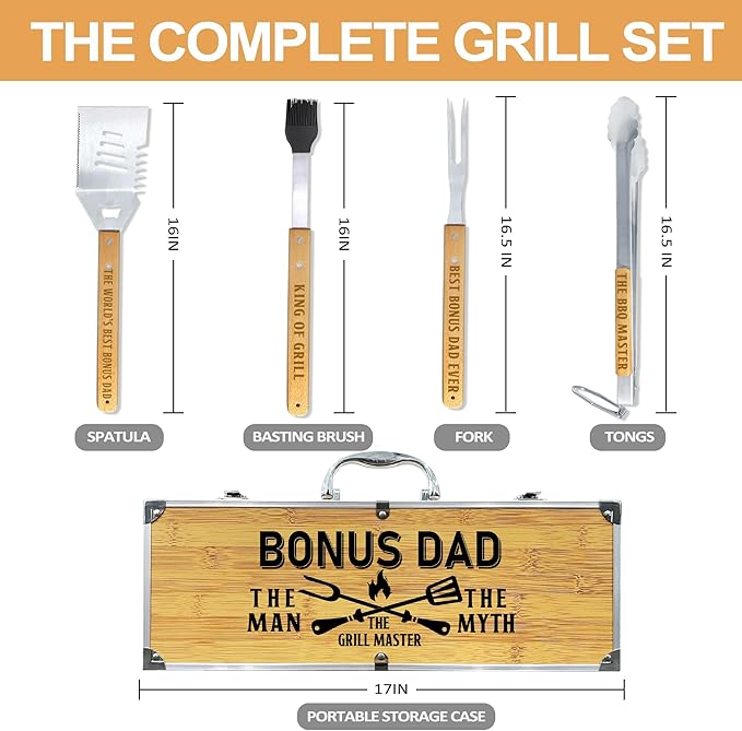 Christmas Bonus Dad Gifts from Bonus Daughter Heavy Duty Wooden BBQ Grilling Accessories Kit for Backyard, Thick Stainless Steel Grill Utensils with Non-Slip Handle Tools in Portable Bag