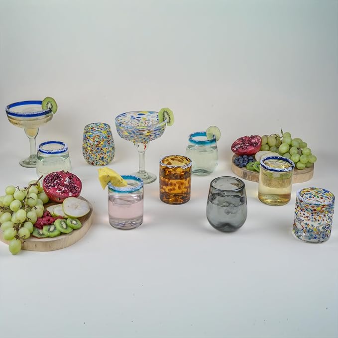 Confetti Dots Hand Blown Margarita Glasses - 100% Recycled Mexican Glassware - Artisan Crafted Drinking Glasses for Margaritas, Frozen Cocktails or Tequila - Set of 4 (14 oz)