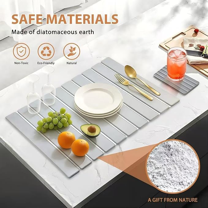 2 PCS Large Stone Dish Drying Mat for Kitchen Counter with Water Absorbing Sink Tray,24x16 Inch Foldable Diatomaceous Earth Dish Mat & 8x4 Inch Stone Coasters Tray,Super Absorbent Quick Dry