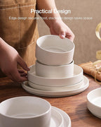 Famiware Star Dinnerware Set with Pasta Bowls, Service for 4 (16pcs), Ribbed Stoneware Plates and Double Bowls Dishes Sets - Chip & Scratch Resistant, Microwave & Dishwasher Safe, Matte White