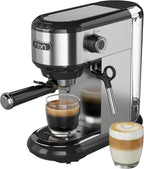 HBN 20 Bar Espresso Machine with Milk Frother, Compact Espresso Maker for Ground Coffee, Stainless Steel Coffee Machine with Steam Wand & 34oz Removable Water Tank, 1450W for Home & Office