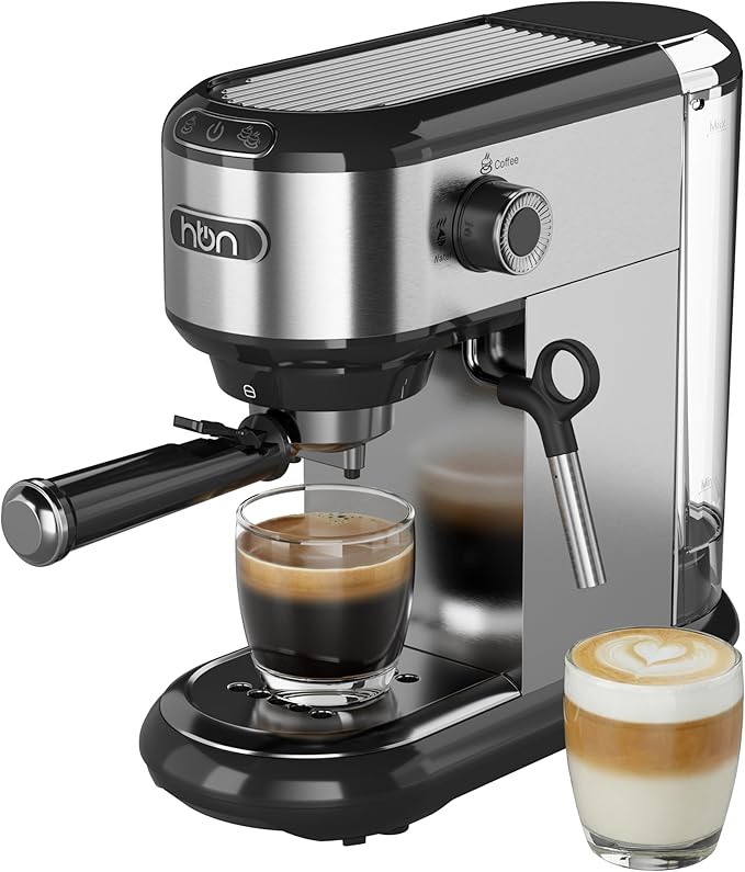 HBN 20 Bar Espresso Machine with Milk Frother, Compact Espresso Maker for Ground Coffee, Stainless Steel Coffee Machine with Steam Wand & 34oz Removable Water Tank, 1450W for Home & Office