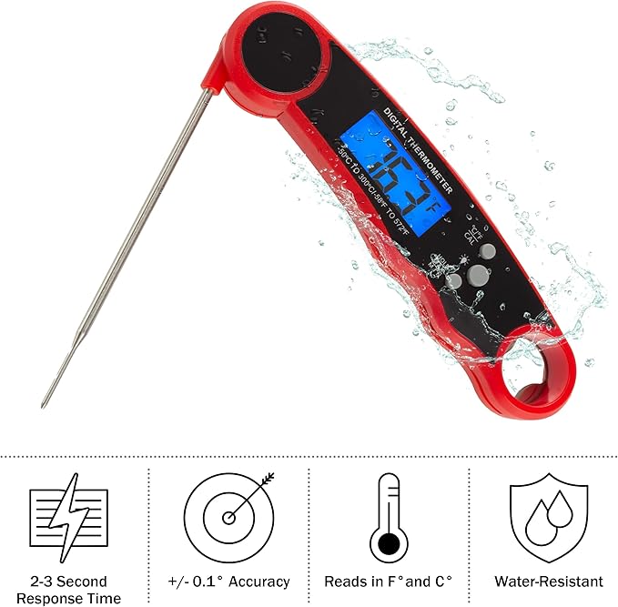 Instant Read Food Thermometer - Water-Resistant Digital Thermometer with Magnetic Back - for Cooking, Grilling, and Baking by Home-Complete