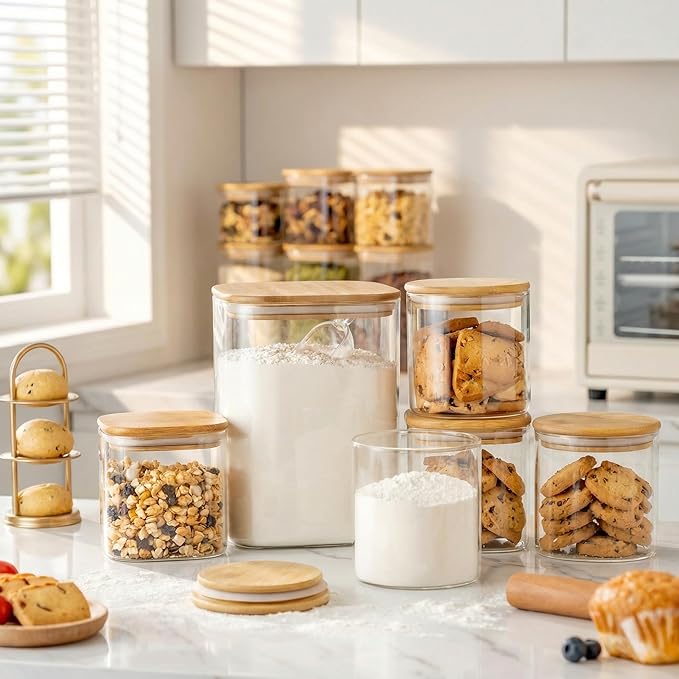 Extra Large Square Glass Flour & Sugar Storage Containers with Airtight Lids, 168oz & 84oz - 2 Pack Glass Jars with Bamboo Lids, Air tight Pantry Food Storage Containers for Cereal, Pasta, Rice