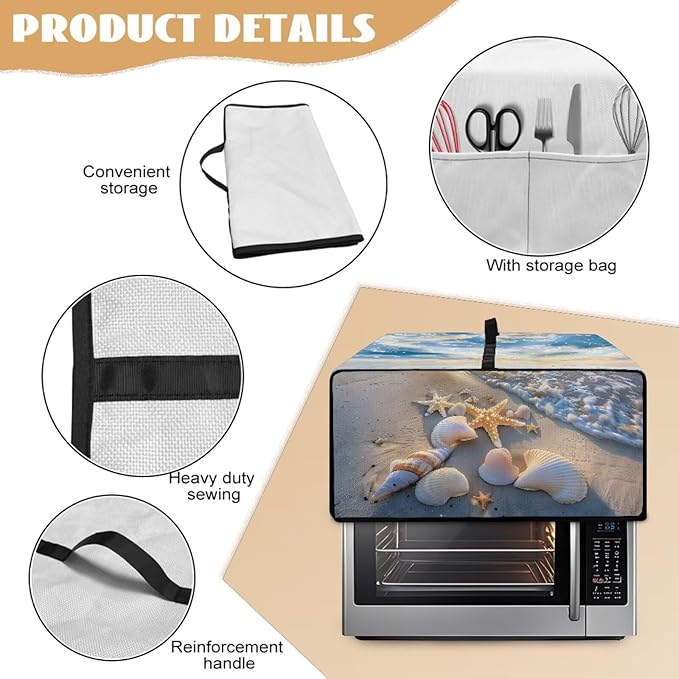 Beach Starfish Shell Print Toaster Oven Scratch-resistant Cover, Heat-resistant Small Appliance Cover for Kitchen Counter with Storage Pockets (Small-14.5 * 18.46 * 9 inches)