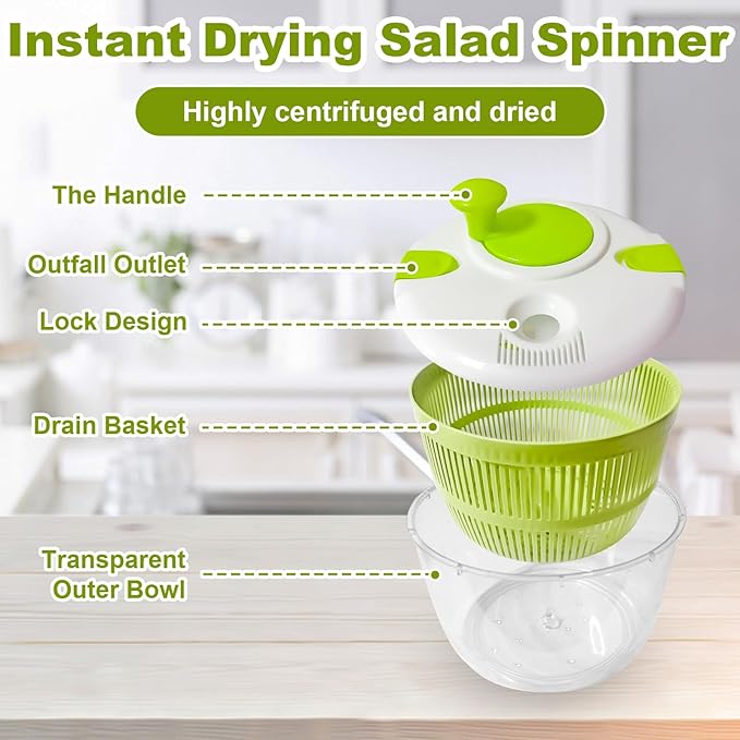 Salad spinner, vegetable and fruit washing dryer, lettuce spinner, for washing fruits, vegetables, pasta, green, 5L