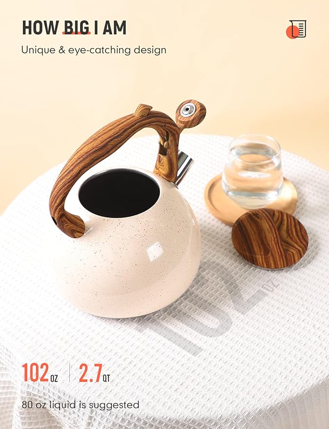 BELANKO 2.7 Quart Tea Kettle for Stovetops - Food Grade Stainless Steel Teapot with Loud Whistle, Cool-Touch Wood Pattern Handle, Rust-Resistant Whistling Kettle - Starry Cream