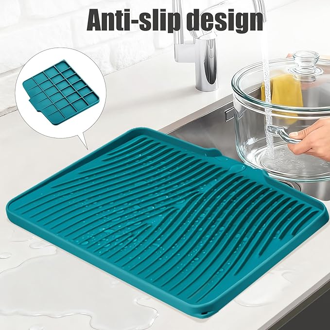 TIKNIK Silicone Dish Drying Mat, Stone Drying Mat for Kitchen Counter with Built-In Drain, Non-Slip Drain Pad with Built-in Drain, Heat Resistant Stone Drying Mat, 1Pcs 20" x 15", Green