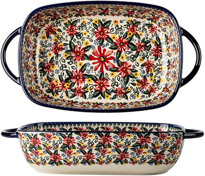 Red Daisy Flower Vintage Style Ceramic Bakeware Casserole Dish Baking Pan Lasagna Pans Baking Dish with Handles for Oven/Cooking/Kitchen-1 PCS, 60 OZ