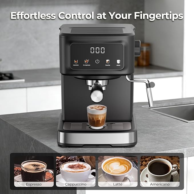 15 Bar Espresso Machine with Milk Frother, Digital Espresso Coffee Maker for Home, 50oz Removable Tank, 45s Quick Heat, Coffee Maker for Cafe-Quality Lattes & Cappuccino