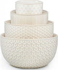 Ceramic Mixing Bowls, Embossed Nesting Bowls Set of 4, Mixing Bowl Set for Serving, Baking, Cooking and Gift, Microwave and Dishwasher Safe, 20/47/99/148 oz, Off-White