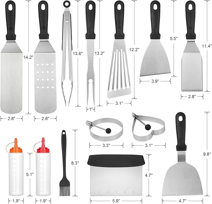 Flat Top Griddle Accessories Kit, 15 Pcs Stainless Steel Barbecue Tool Set for Blackstone and Camp Chef, Grill Spatula Tools Set with Egg Ring, Squeeze Bottles, Sauce Brush, for Teppanyaki Hibachi
