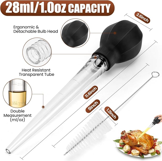 SCHVUBENR Large Turkey Baster with Cleaning Brush - Premium Baster Tool for Cooking - Easy to Use & Clean - Powerful Bulb Baster Syringe - Dishwasher Safe - Thanksgiving, Christmas Essentials - Black