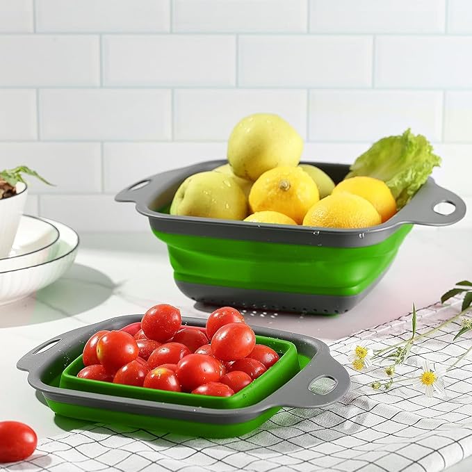 2 PCS Collapsible Colander, Collapsible Strainers for Kitchen, 11.5 inches Silicone Strainer and 9.5 inches Silicone Colander for Draining Vegetable fruit, Kitchen Food Strainer, Green
