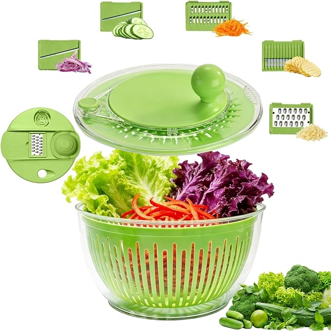 Salad Spinner, Large Vegetables Wash Bowl, 4.8 Qt Fruits Lettuce Dryer with 5 Blade Slicer and Slicer Egg Yolk Strainer Shredder for Salad Cleaner