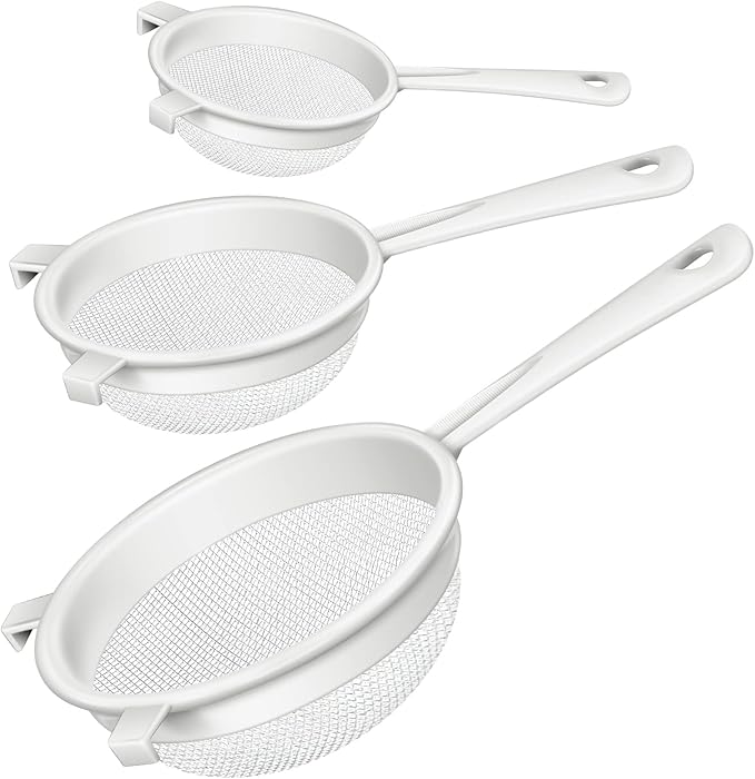 3 Pcs Plastic Nylon Mesh Strainer Colander with Handle Double Ear Fine Food Mesh Strainer Flour Sifter for Baking Kitchen Colander Sifter Kefir Tea Juice Pasta(3 Inch, 5 Inch, 7 Inch)