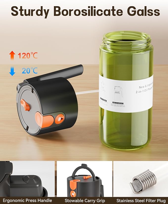 OURCABECUE Upgrade 2 in 1 Oil Sprayer for Cooking, 17oz Light-Blocking Glass Olive Oil Dispenser Bottle for Kitchen, Food-Grade Oil Mister with 8 Stickers for Salad, Frying (Green Bottle-Black Gap)
