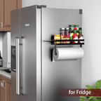 ZUNTO Magnetic Paper Towel Holder for Fridge, Black Kitchen Organizer with Towel Roll Holder, Spice Shelf and 2 Hanging Racks(No Drilling)