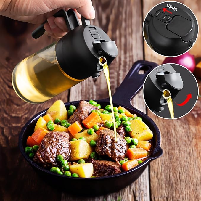 mqnxoi 2 in 1 Glass Oil Sprayer & Dispenser,16oz/470ml Olive Cooking, Air Fryer, and Salad, for Kitchen Gadgets and Air Fryer Accessories, w/Stickers (Black + White Bottle 2)