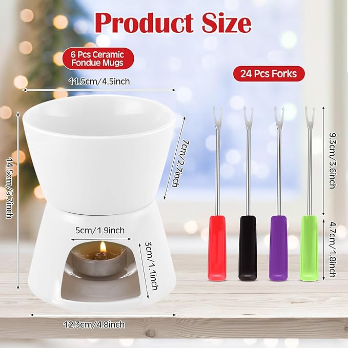 Mudder 6 Pieces Fondue Mug Ceramic Pot and 24 Pieces Forks Set for Melting Chocolate, Cheese, Broth or Tapas on Christmas Gift Valentine's Day(Red and White)