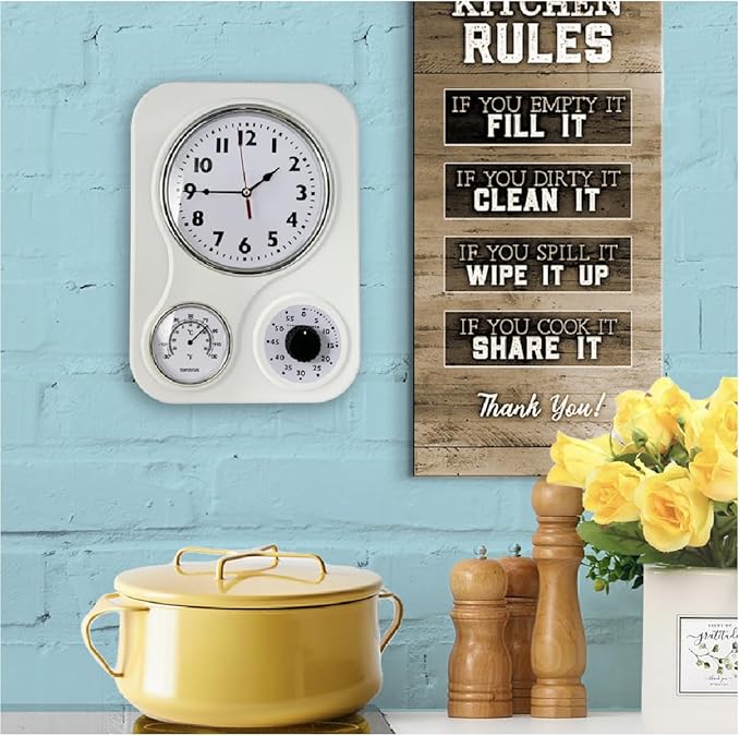 Lily's Home - 9.5 Inch x 12.5 Inch - Retro Kitchen Wall Clock, Vintage Wall Clock with a Thermometer and 60-Minute Timer, Ideal for Any Kitchen, Office, or Diner (White)