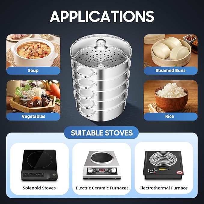 5-Tier Stainless Steel Steamer, 11 Inch Commercial Multi Tier Stainless Steel Cookware Pot Vegetable Meat Steamer Cooker Set w/Glass Lid for Steaming Shrimp & Miscellaneous Grains
