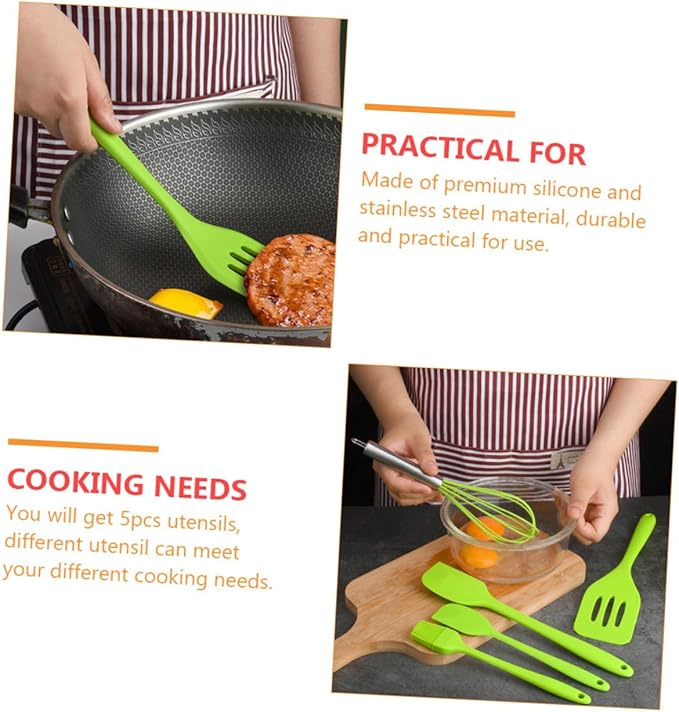 5pcs Silicone Utensil Kit Non-stick Cooking Gadgets Heat Resistant Egg Whisk and Baking Tools Set with Hanging for Kitchen Organization