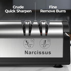 Narcissus Knife Sharpener, Professional 2 Stage Electric Knife Sharpener for Quick Sharpening & Polishing, with Scissors Sharpener and Metal Dust Collection Box, Stainless Steel, Silver