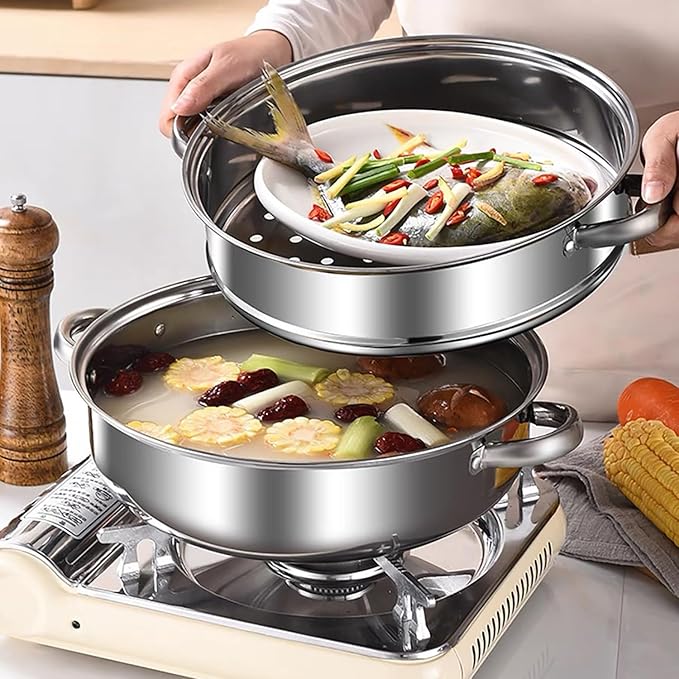 Steamer Pot for Cooking,Stainless Steel Steamer Pot,11 inch Steam Pots with Lid 2-tier for Cooking Veggies Fish Seafood Noodles, Pasta, Food