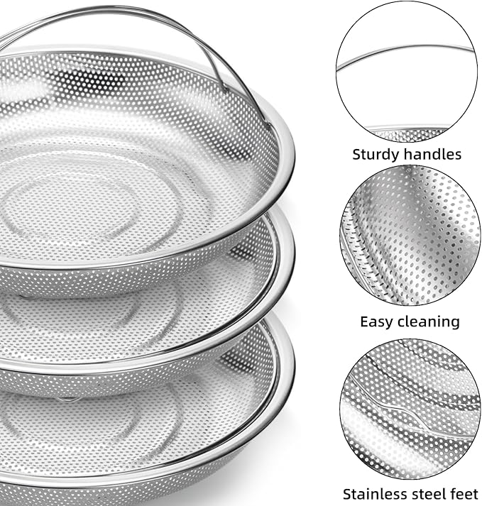 Cididu 3 Pack Steamer Basket for Cooking, Micro-Perforated Strainer Colander Set, Stainless Steel Vegetable Veggie Steamer Rack for Pot, All-In-One Steaming Rack Stand with Handles, Dishwasher Safe