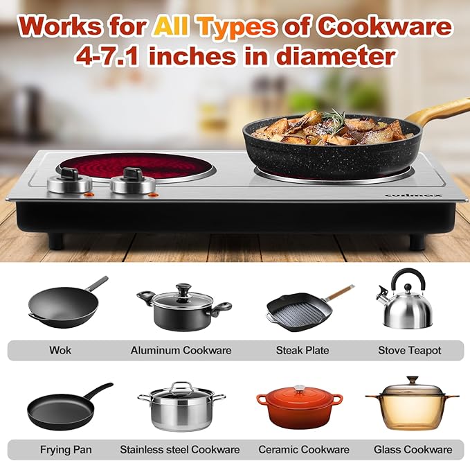 Hot Plate,CUSIMAX Portable Electric Hot Plates for Cooking,1800W Dual Infrared Burner with Adjustable Temperature Control,Electric Ceramic Glass Stove for Stainless Steel,Easy Clean for Home, Dorm, RV