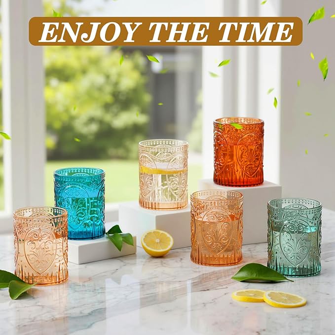 Qinyoung 24 Plastic Vintage Drinking Glasses 8.5oz Stemless Retro Embossed Wine Glasses Shatterproof Reusable Cups for Baby Shower Wedding Reception Grand Event Party (Vintage Multicolor)