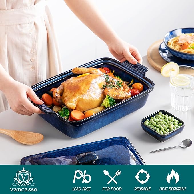 vancasso Starry Casserole Dish With Lid, 3.8 Quart Casserole Dish for Oven, 9x13 Baking Pan with Handles, Large Casserole Baking Dish Lasagna Pan with Lid, Microwave, Dishwasher Safe, Blue
