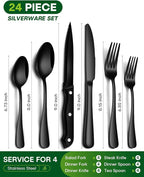 PHILIPALA 24-Piece Black Silverware Set with Steak Knives Food-Grade Stainless Steel Flatware Set for 4 Mirror Cutlery Dishwasher Safe Utensil Sets for Home Restaurant