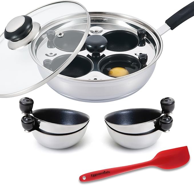 Eggssentials Egg Poacher Pan Nonstick Poached Egg Maker, Stainless Steel Egg Poaching Pan, Poached Eggs Cooker Food Grade Safe PFOA Free with Spatula