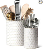 LE TAUCI Utensil Holder for Kitchen Counter - 7.1"+5.4" Ceramic Kitchen Utensil Holder Set of 2, Large Cooking Utensil Crock & Organizer for Spatula, Spoon - Embossed Kitchen Decor, White,Clover