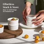 DOWAN Ramekins 4 oz Oven Safe for Creme Brulee Souffle, Porcelain Custard Cups Ramiken for Baking, Small Bowls Dipping Sauce Dish Classic Style, Set of 6, Soft White