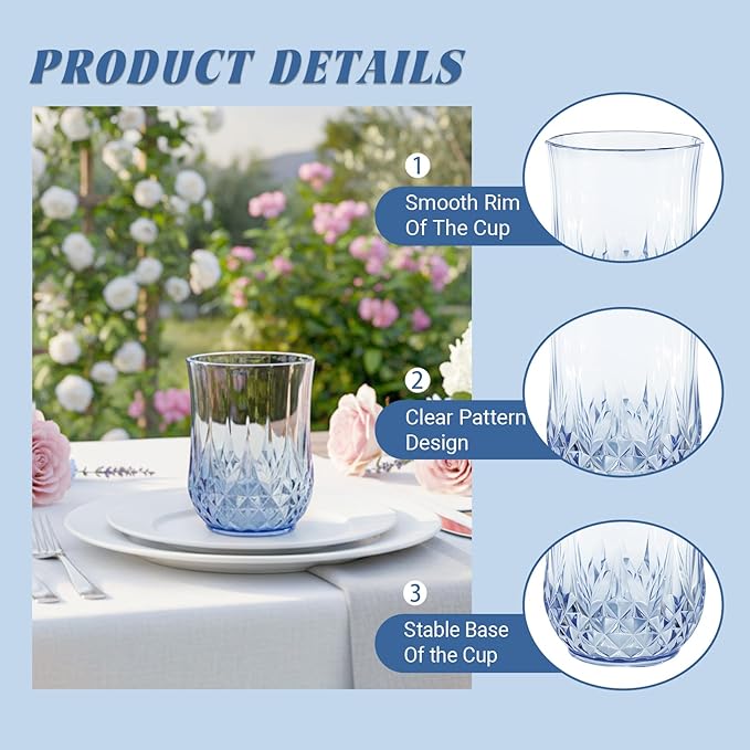 24 Pack Plastic Stemless Wine Glasses,12oz Unbreakable Vintage Elegant Drinking Glass Set,Reusable Fancy Cocktail Cups for Party, Wedding, and Bulk Events (24, 12oz-Blue)